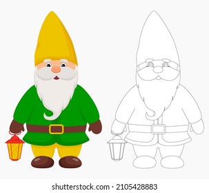 Cute Garden Gnome With A Lantern In His Hands. Gnome In Color And Outline.