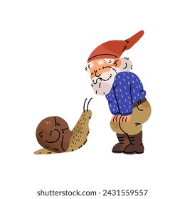 Cute garden gnome meets snail. Bearded dwarf in cap looks at forest animal. Surprised fairytale small character. Figurine of folklore gardener. Flat isolated vector illustration on white background