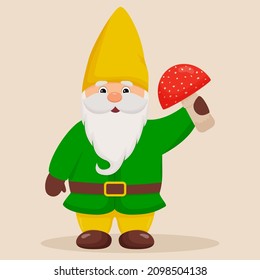 Cute garden gnome with a mushroom in his hands.