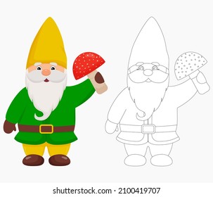 Cute garden gnome with a mushroom in his hands. Gnome in color and outline.
