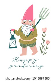 Cute Garden Gnome With A Pitchfork And Torch. Vector Illustration In Hand Drawn Style With Phrase - 'Happy Gardening'. 