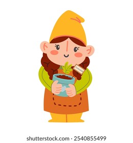 Cute garden gnome with plant. Isolated on a white background. Flat cartoon vector illustration EPS10. Cute spring garden elements. Garden tools for spring work