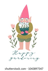 Cute garden gnome with a pot with seedlings and flowers. Vector illustration in hand drawn style with phrase - 'Happy gardening'. 