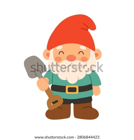 Cute garden gnome with red hat and white beard. He holds a small shovel with a wooden handle. His eyes are closed, showing a happy, peaceful expression