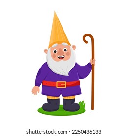 Cute garden gnome shepherd in orange cap. Vector illustration of funny fairy tale character. Cartoon happy male small dwarf isolated white. Game, fantasy concept