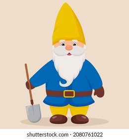 Cute garden gnome with a shovel in his hands.