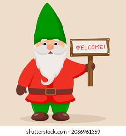 Cute garden gnome with a sign Welcome in his hands.