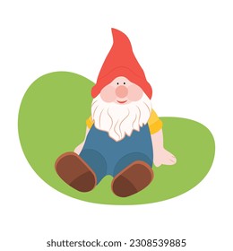 Cute garden gnome is sitting. Fairy figurine for landscape design, garden decoration. Vector illustration isolated on white background.