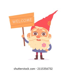 Cute garden gnome standing with welcome wooden sign vector illustration. Cartoon small old cheerful dwarf from fairy tales with red hat, costume and beard, little leprechaun greeting isolated on white