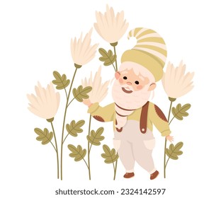 Cute garden gnome standing in white flowers. Happy smiling fairy tale dwarf elf character cartoon vector illustration