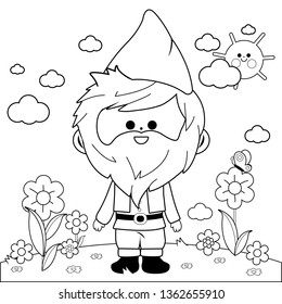 Cute garden gnome in the garden. Vector black and white coloring page.