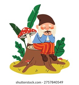 Cute garden gnome in vector cartoon style. Funny gnome with harmonica. Cozy nature characters collection. Bright simple illustration for stickers, packaging, kids design