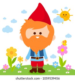 Cute garden gnome in the garden. Vector illustration