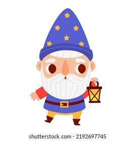 Cute Gartengnome, Vektorgrafik. lustige Cartoon-Zwergfigur mit Laterne