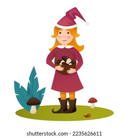 Cute Garden Gnome Vector Illustration on White. Cute fairytale character. Bundle of lawn ornaments or decorations. Flat cartoon vector illustration.