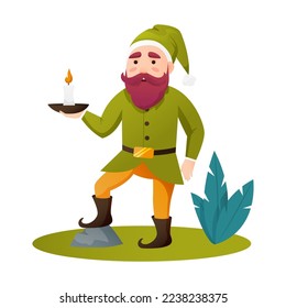 Cute Garden Gnome Vector Illustration on White. Cute fairytale character. Bundle of lawn ornaments or decorations. Flat cartoon vector illustration.