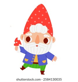 Cute garden gnome vector illustration. funny Cartoon dwarf character with mushroom fly agaric