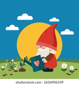 Cute Garden Gnome Waters a Plant
