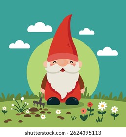 Cute Garden Gnome with White Beard and Hat
