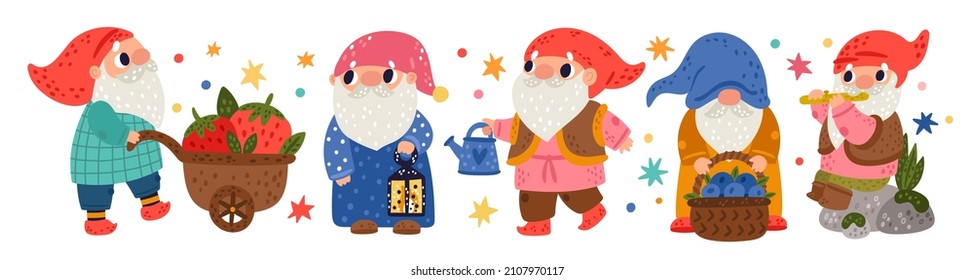 Cute garden gnomes. Cartoon dwarfs characters. Bearded men engaged in gardening. Fabulous creatures in colored caps. Old leprechaun. Vector set of senior elves carry