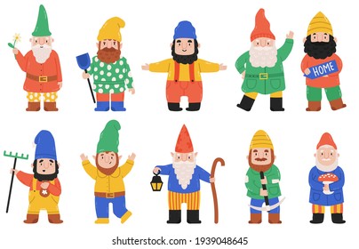 Cute garden gnomes. Dwarf characters with lantern, flowers and mushroom, fairy tale mascots. Funny garden bearded dwarfs vector illustration set