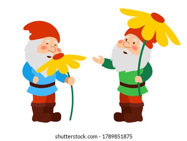 Cute garden gnomes and flowers. Isolated on a white background. Cartoon style. Vector illustration.