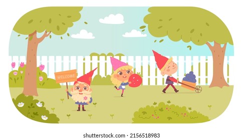 Cute Garden Gnomes On Lawn Of Home Backyard Vector Illustration. Cartoon Funny Fairytale Male And Female Characters Carry Strawberry And Work With Wheelbarrow, Dwarf Holding Welcome Sign Background