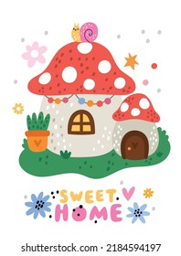 Cute garden gnomes poster. Cartoon mushroom house for dwarfs. Magic agaric building with window and door. Amanita red roof. Sweet home. Fairy tale cottage. Fantasy architecture. Vector illustration