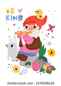 Cute garden gnomes poster. Cartoon gnomic character playing flute. Funny animals and flowers. Fairy tale senior bearded man in red cap. Fabulous dwarf. Kids card