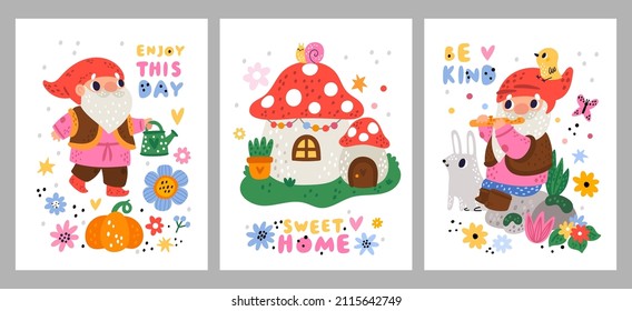 Cute garden gnomes posters. Fabulous dwarfs with tools. Scandinavian style characters play flute or watering plants. Mushroom home. Vector set of fairy creatures with red