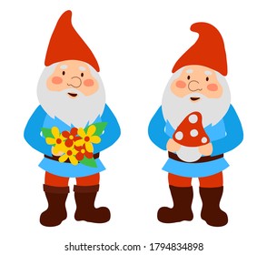 Cute garden gnomes in red cups. Isolated on white background. Vector illustration.