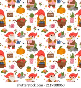 Cute garden gnomes seamless pattern. Funny little bearded men. Flowers, plants, snails and vegetables, carts with berries, vector background. Decor textile, wallpaper