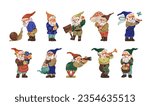 Cute garden gnomes set. Different dwarfs standing. Bearded characters in cap. Little old men in costumes welcome, smile, greeting. Gardeners from fairytale. Flat isolated vector illustration on white