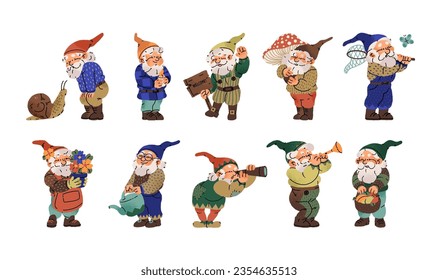 Cute garden gnomes set. Different dwarfs standing. Bearded characters in cap. Little old men in costumes welcome, smile, greeting. Gardeners from fairytale. Flat isolated vector illustration on white