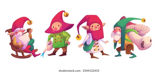 Cute garden gnomes set isolated on white background. Vector cartoon illustration of old elf smoking pipe in armchair, fairytale character watering plant, carrying mushroom, wearing red hats with bells