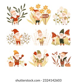 Cute garden gnomes set. Joyful fairy tale bearded dwarf elves working in garden cartoon vector illustration