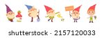 Cute garden gnomes set vector illustration. Cartoon collection of male small fairytale figurines standing with watering pot and shovel, cheerful dwarf with welcome sign and lantern isolated on white