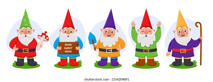 Cute garden gnomes set. Vector illustrations of funny fairytale characters. Cartoon happy male small dwarfs holding mushroom, spatula, wooden board with text isolated white. Game, fantasy concept
