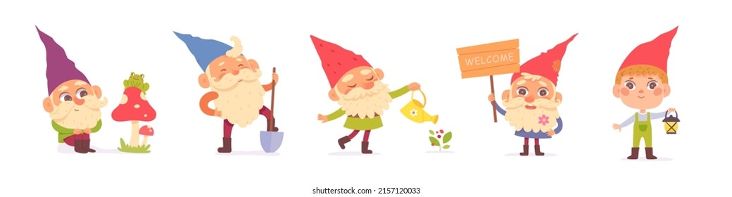 Cute garden gnomes set vector illustration. Cartoon collection of male small fairytale figurines standing with watering pot and shovel, cheerful dwarf with welcome sign and lantern isolated on white