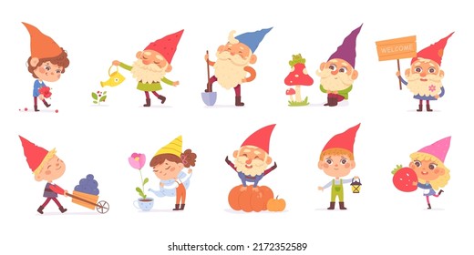 Cute garden gnomes set vector illustration. Cartoon small fairytale characters in funny costumes, old happy dwarfs with beard and kids watering plants and flowers, holding farm tools isolated on white