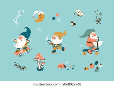 Cute Garden Gnomes Summer Scandinavian Vector Set. Fairy tale characters