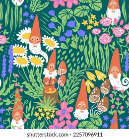 Cute garden gnomes vector seamless pattern and flowers  Vector seamless background