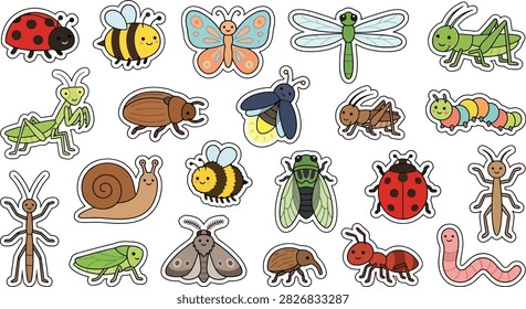 Cute garden insect sticker bundle featuring ladybug, bee, butterfly, dragonfly, grasshopper, 