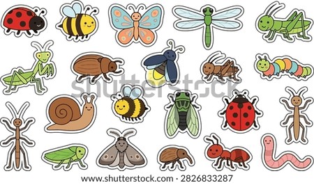 Cute garden insect sticker bundle featuring ladybug, bee, butterfly, dragonfly, grasshopper, 