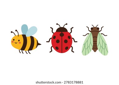 Cute Garden Insects Clipart Set, Flat Vector Collection of Bee, Ladybug, and Cicada Fly for Kids