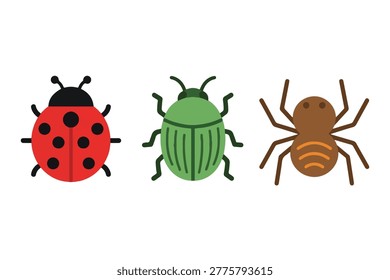 Cute Garden Insects Collection, Ladybug, Green Beetle, and Spider Character, Flat Vector Illustration for Kids Nursery