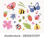 Cute garden insects and summer elements set. Cute bumblebee, butterflies, ladybug, beetle, strawberries, flowers and leaves illustration isolated on white background.