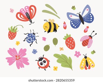 Cute garden insects and summer elements set. Cute bumblebee, butterflies, ladybug, beetle, strawberries, flowers and leaves illustration isolated on white background.