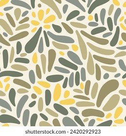 Cute garden inspired pattern with doodle-style yellow flower and leaf motifs. Vector seamless pattern design for textile, fashion, paper, packaging, wrapping and branding