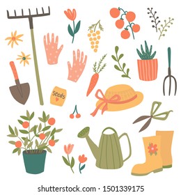 Cute garden item set. Vector illustration of gardening tools and elements: spade, pitchfork, plants, watering can, plants, garden gloves, hat, boots. 